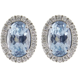 Oval 18K Gold Aquamarine Earrings set with diamonds - Click Image to Close